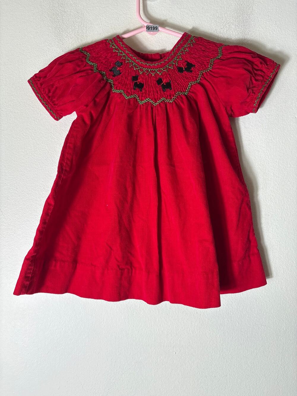 Girls Vintage Red Corduroy Smocked Dress with Embroidered Dogs dress Sz 6m